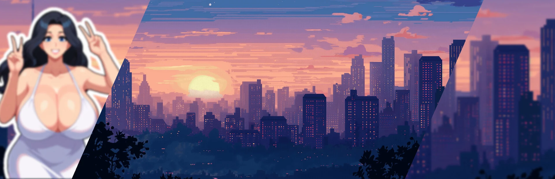 夕阳中的 Peak City 天际线与 Anna 宣传插画